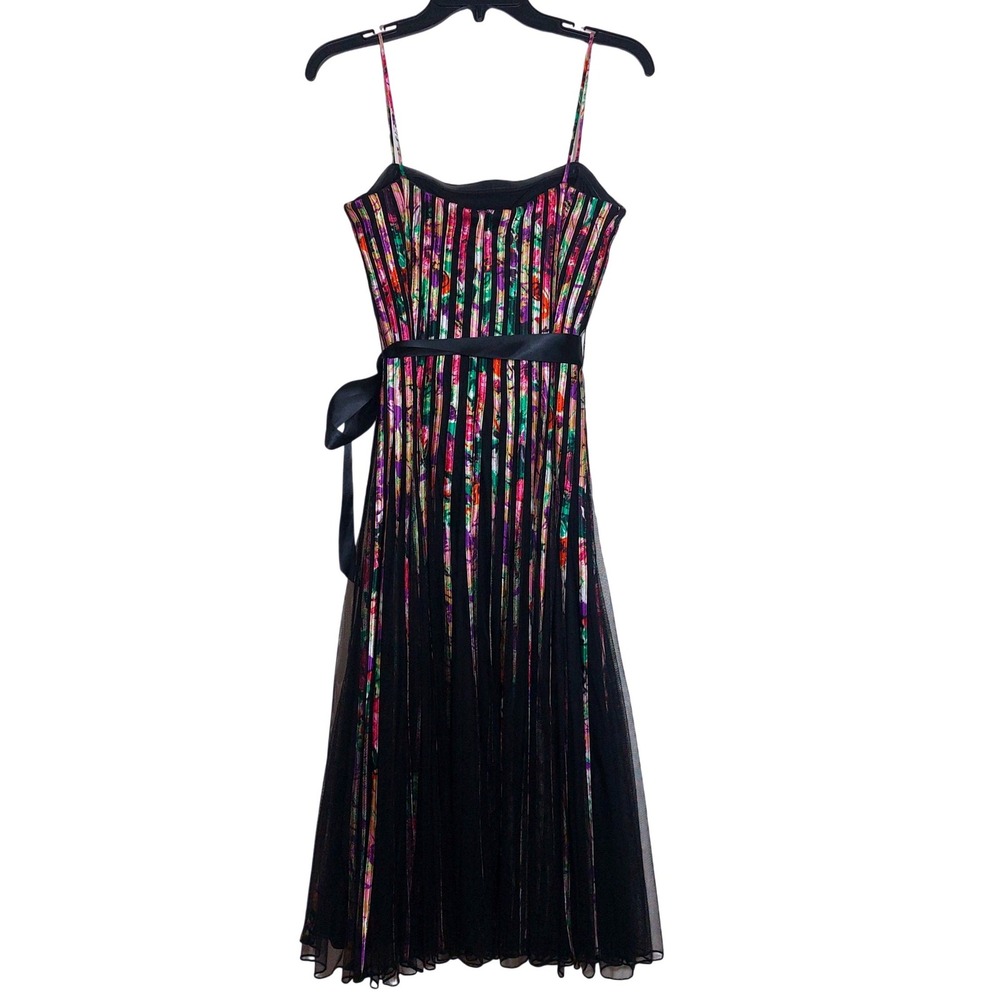 EUC JS Collections Floral Pleated Belt Midi Dress Spaghetti Strap Satin Size 10 - Picture 10 of 15